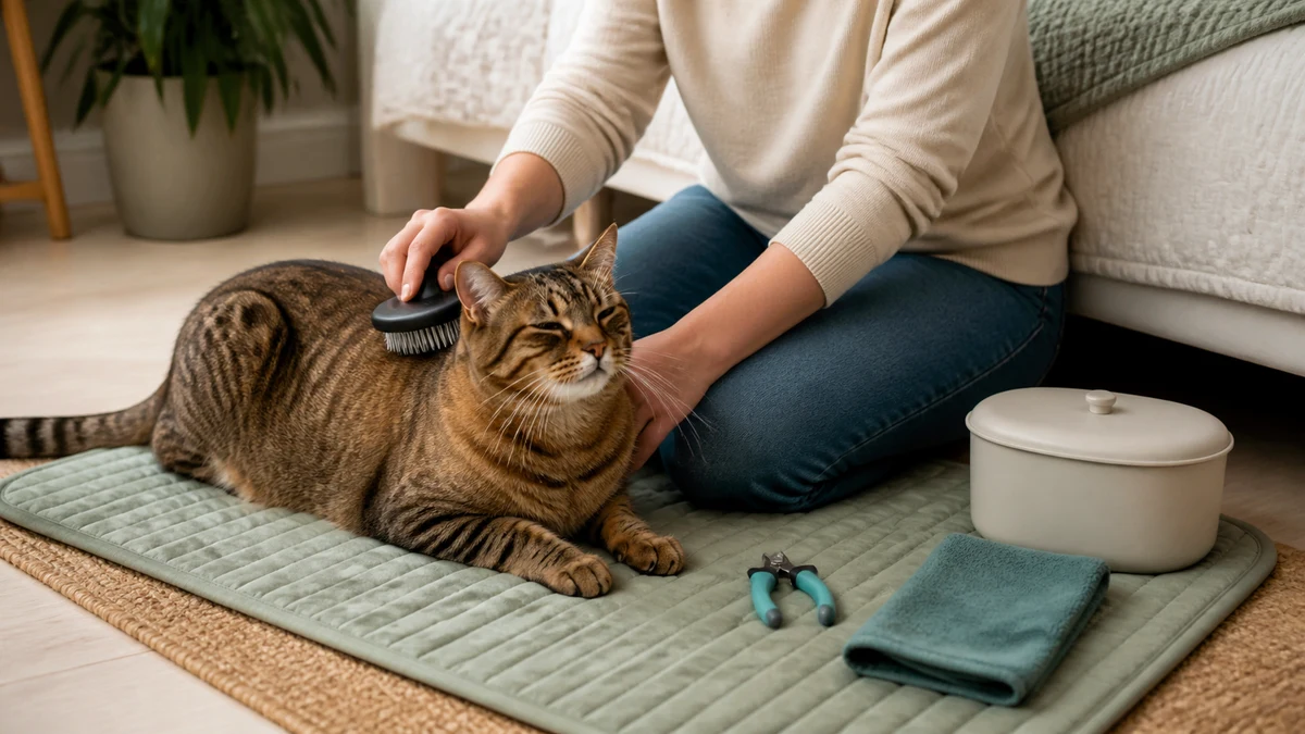 Relaxed brown tabby receiving gentle brushing beside a towel, pet nail clipper, and closed grooming-supply container