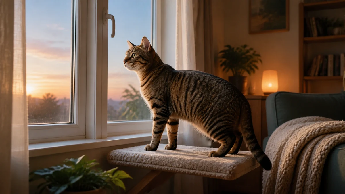 Brown tabby cat standing alert on a secure indoor window perch as dawn light appears outside