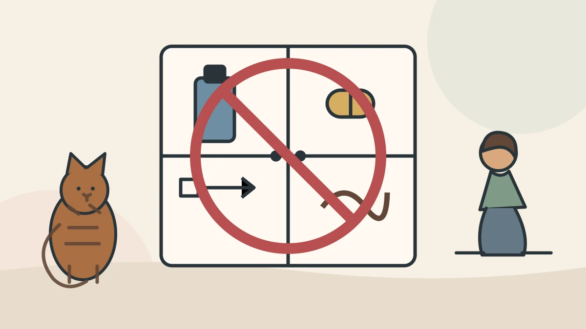 A syringe, human tablets, oil bottle, string, and altered prescription-food bowl remain behind a closed cabinet marked with a clear prohibition symbol