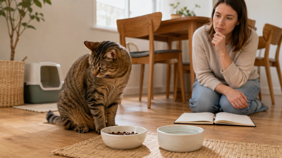 Brown tabby turning away from a fresh food bowl while a concerned caregiver observes calmly with a notebook nearby