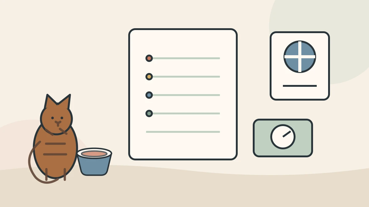 A measured food bowl, pet scale, water bowl, litter notes, package lot photo, and daily log are arranged beside an alert tabby cat