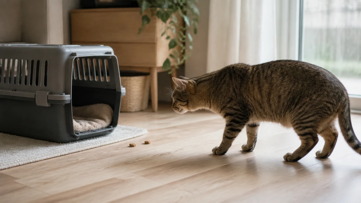 Cautious brown tabby voluntarily approaching an open carrier with familiar bedding and two small treats placed outside the entrance