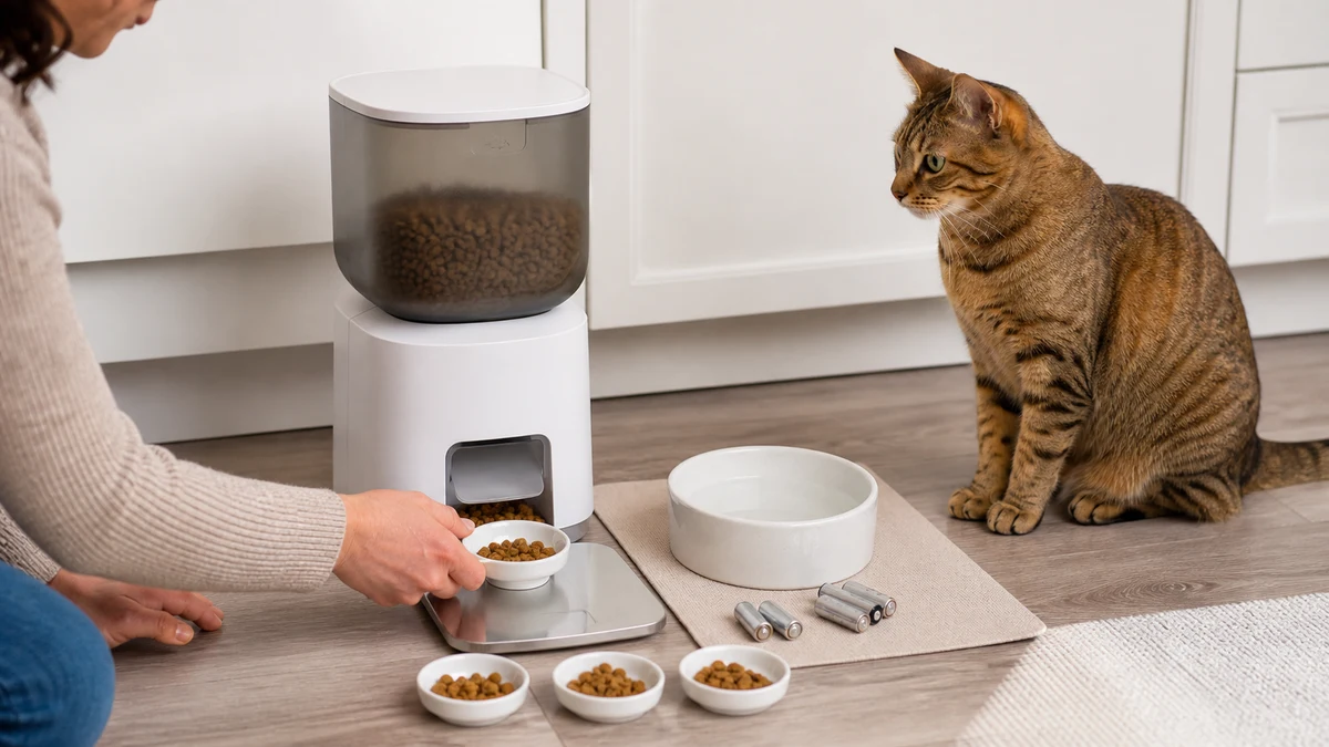 Caregiver weighing several automatic-feeder test portions with backup batteries and an empty bowl ready nearby
