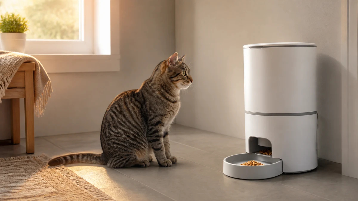 Brown tabby waiting calmly as a plain automatic feeder releases one small measured dry-food meal