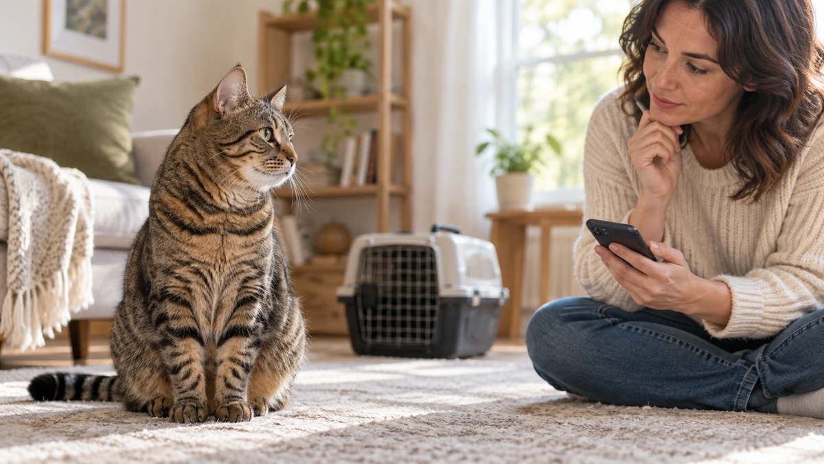 Brown tabby cat sitting calmly while a caregiver records observations before arranging a veterinary visit