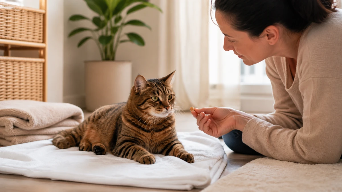 Fully dry relaxed brown tabby resting on a clean towel while the caregiver quietly observes and offers one small reward