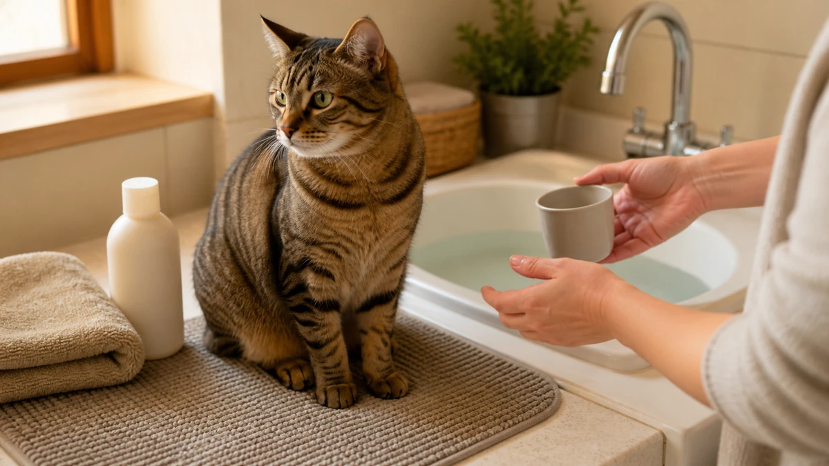 Calm brown tabby sitting on a dry nonslip mat beside a home sink while a caregiver prepares towels, cat shampoo, and a rinsing cup