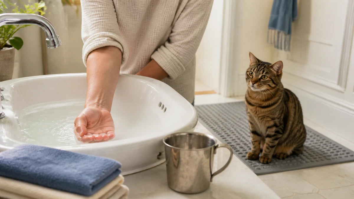 Caregiver checking shallow lukewarm sink water with the inside of the wrist while a dry cat waits calmly on a nonslip mat