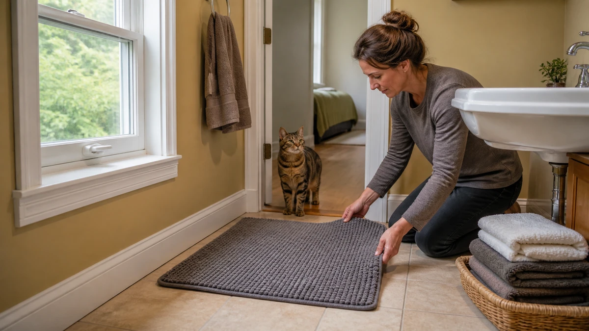 Caregiver laying down a dry nonslip mat in a bathroom with the exterior window closed while a calm cat watches from the clear interior doorway