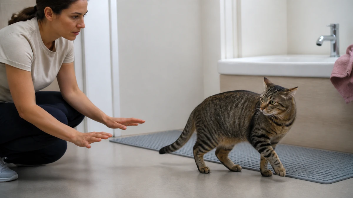 Brown tabby stepping away with ears turned sideways while the caregiver pauses immediately with open lowered hands
