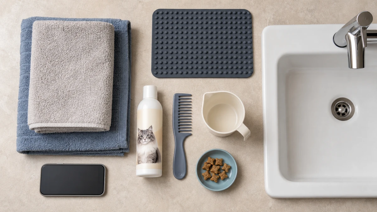 Top-down arrangement of towels, nonslip mat, wide-tooth comb, unbranded cat shampoo, rinsing cup, rewards, and a phone safely away from a dry sink