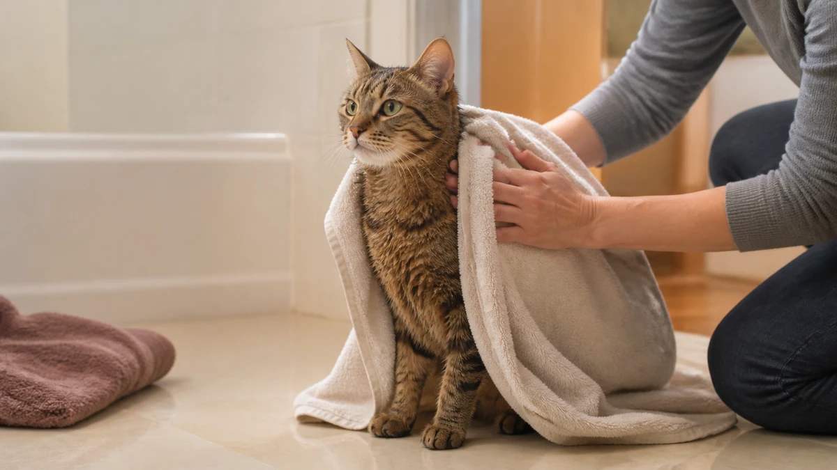 Freshly bathed brown tabby being gently blotted with an absorbent towel in a warm draft-free room