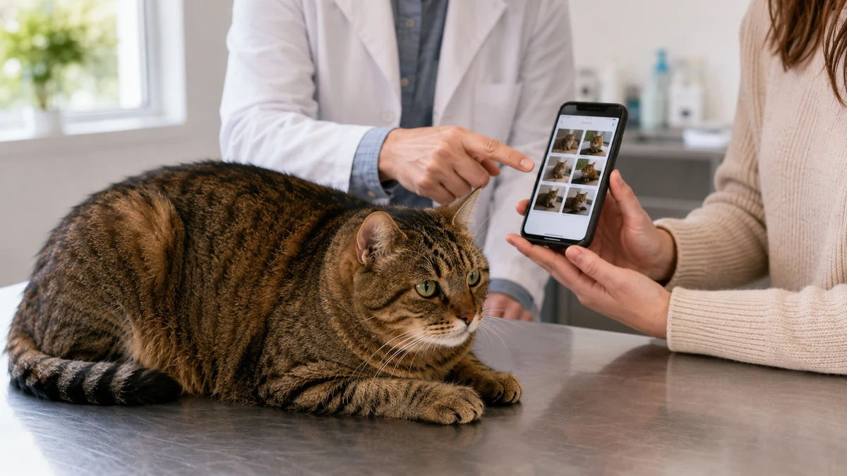 Veterinarian and caregiver reviewing a phone history beside a calm tabby during a body-condition consultation