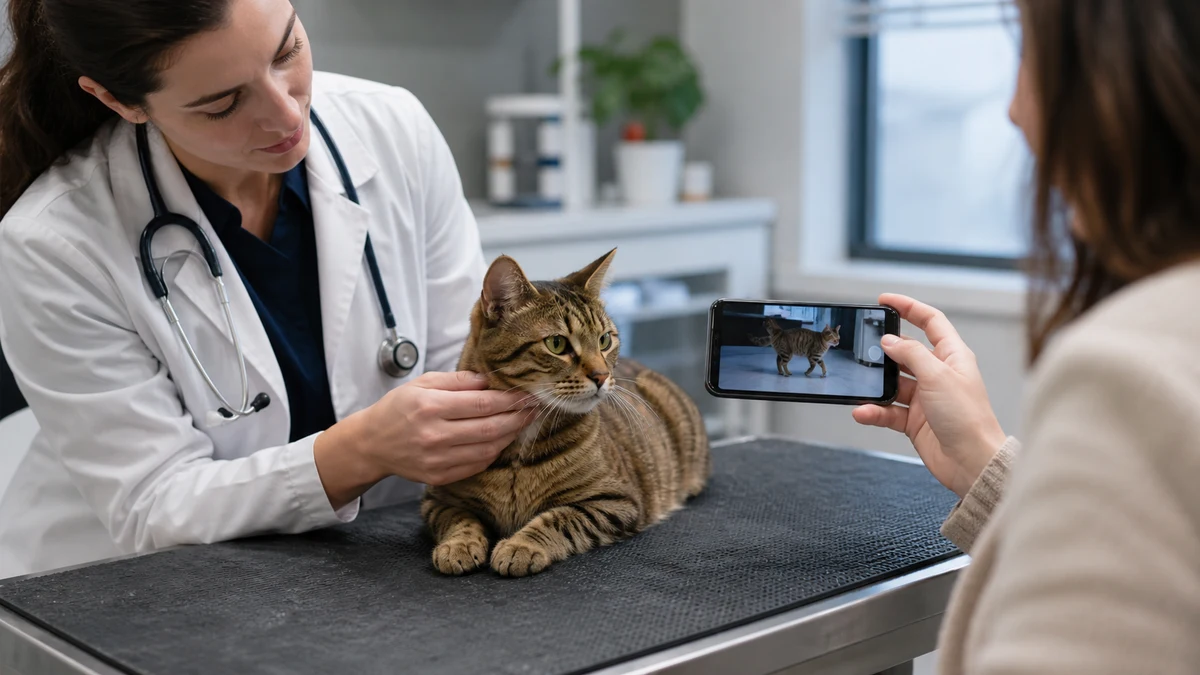 Veterinarian gently examining a brown tabby while a caregiver shares a behavior video on a phone