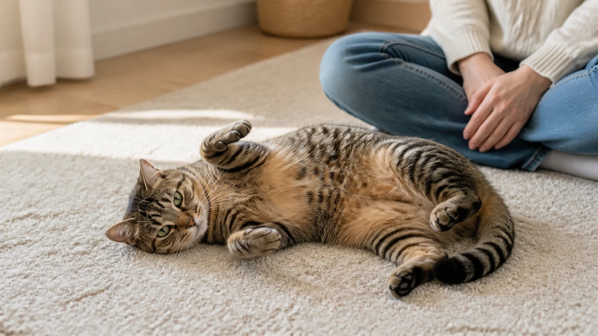 Relaxed brown tabby cat exposing its belly while the nearby caregiver keeps both hands to herself