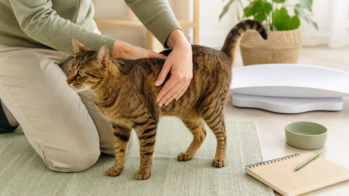 Caregiver gently checking a brown tabby's body condition with a pet scale and blank monitoring notebook nearby