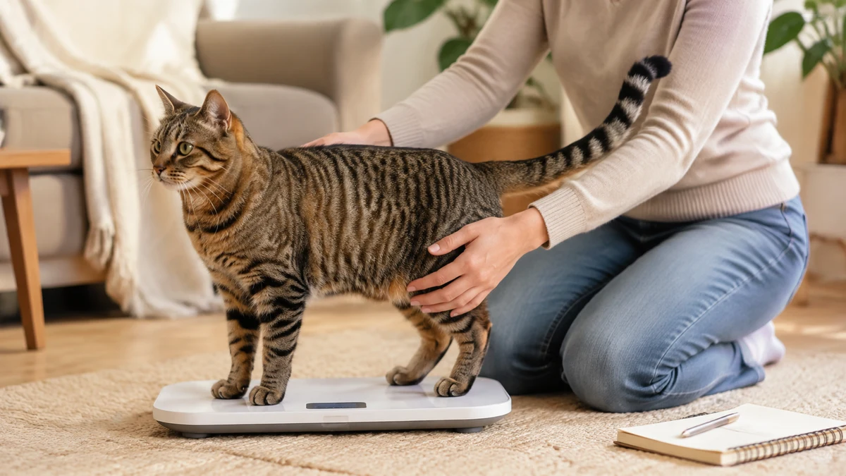 Brown tabby standing calmly on a low pet scale while a caregiver gently observes its body shape and records the result