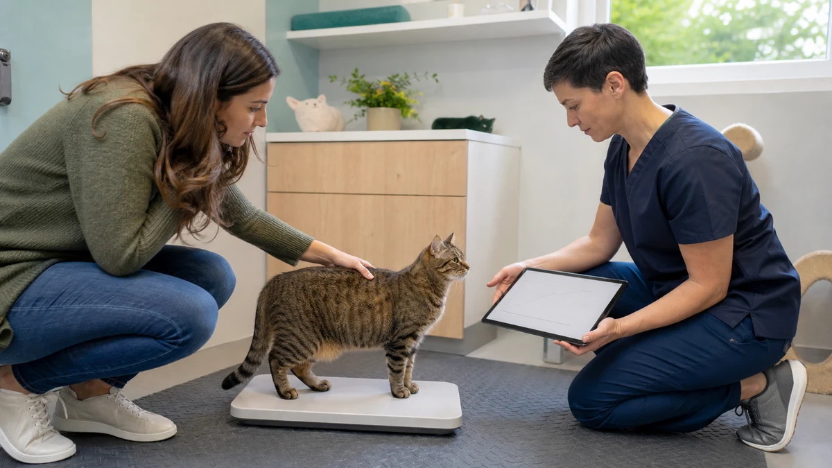 Veterinarian and caregiver reviewing a brown tabby cat's body condition and weight trend in a cat-friendly exam room