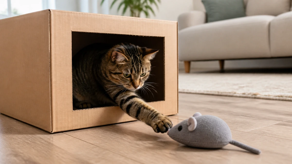 Playful brown tabby reaching from a cardboard box toward a large fabric mouse with no loose string