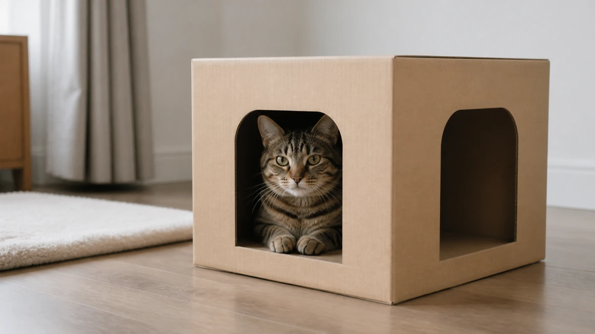 Brown tabby calmly peeking through one opening of a sturdy cardboard hide with a second exit on the side