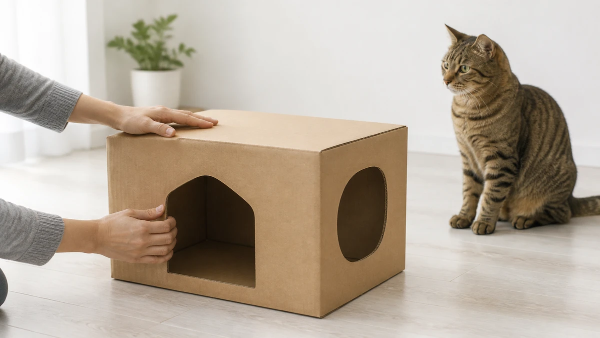 Caregiver inspecting the smooth openings and stability of a clean cardboard cat box while a tabby waits nearby