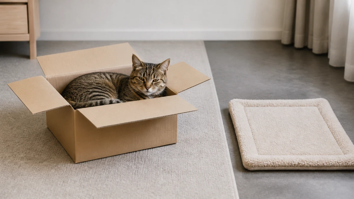 Brown tabby resting in an open cardboard box with a separate uncovered mat available on a cooler shaded floor