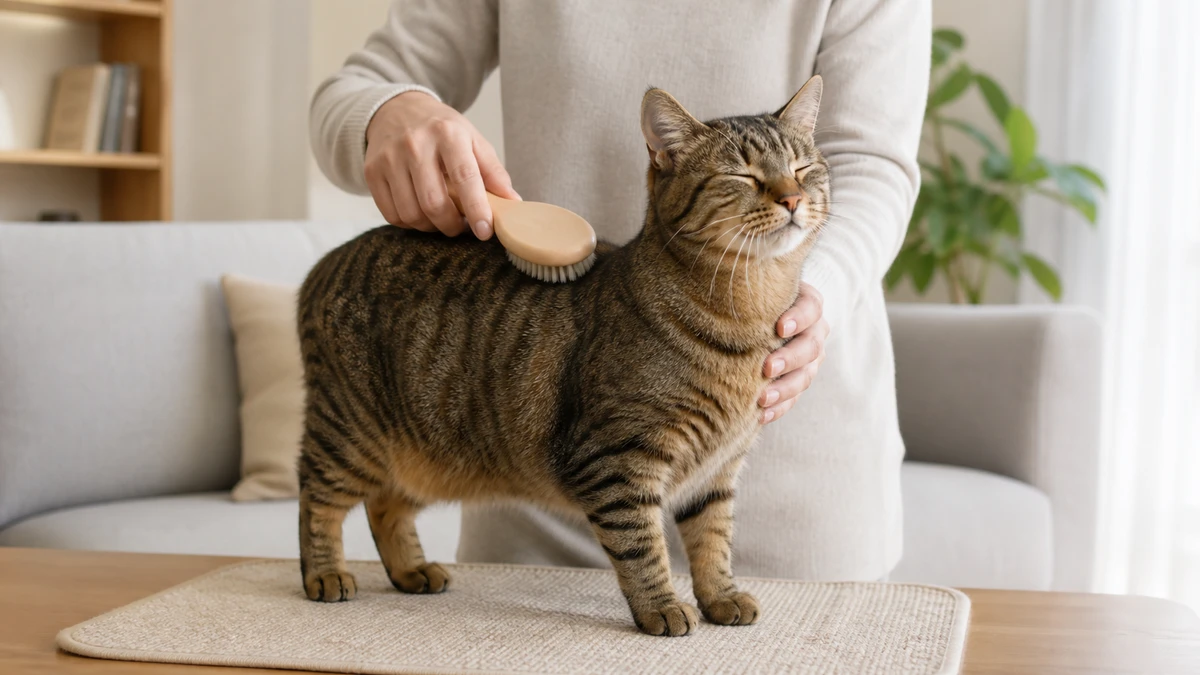 Relaxed brown tabby standing freely on a nonslip mat while a caregiver brushes along the upper back