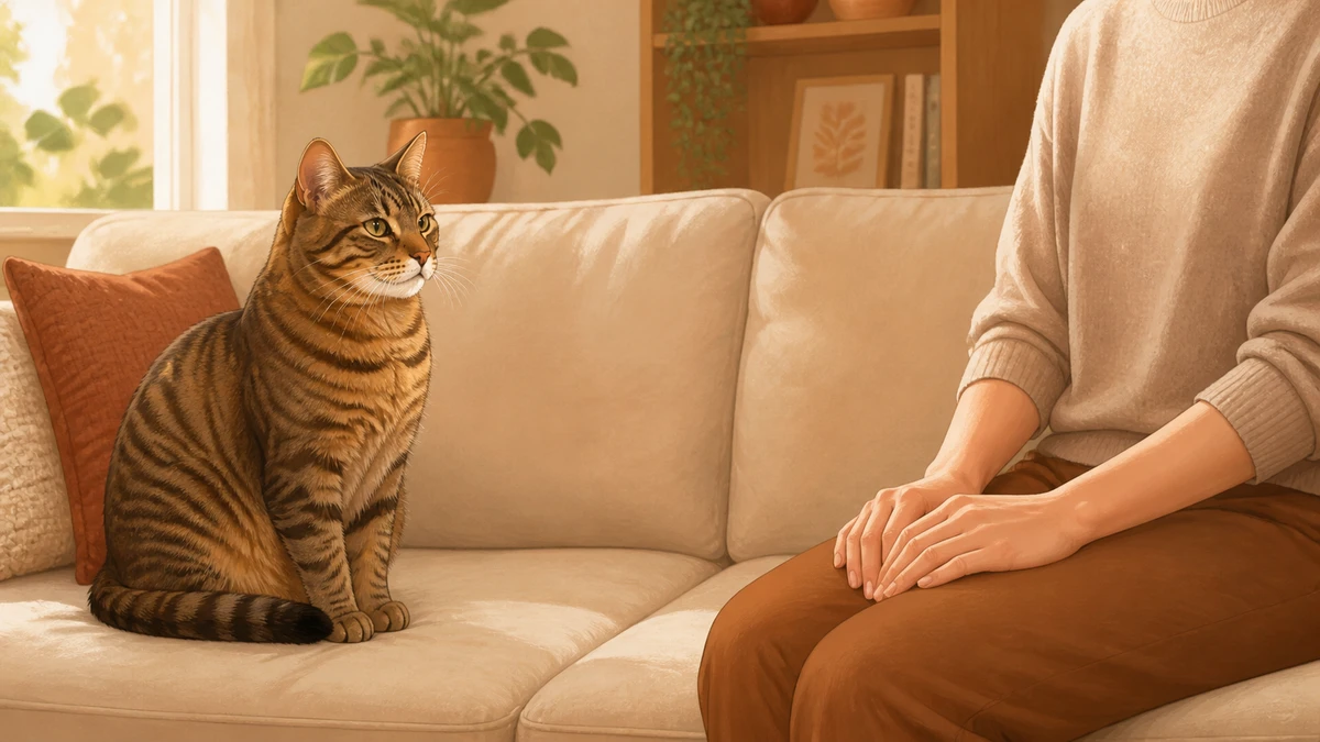 Calm tabby cat sitting beside a caregiver who has ended petting and returned both hands to their lap