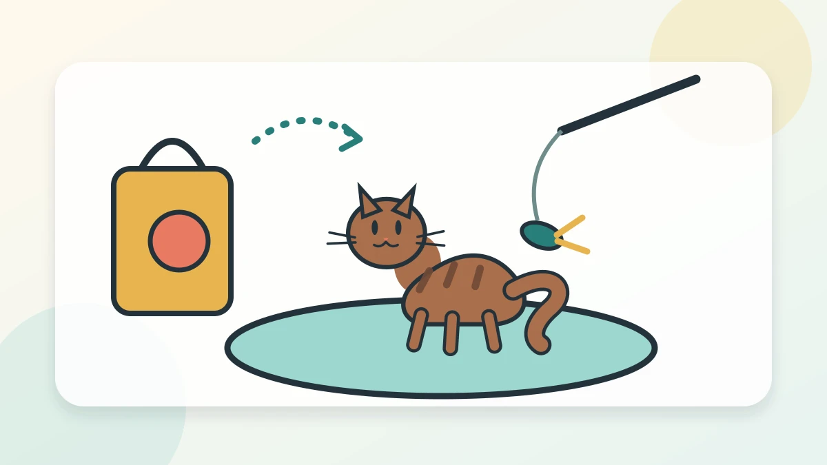 Tabby cat waiting calmly on a designated play mat as a caregiver brings a wand toy toward the station