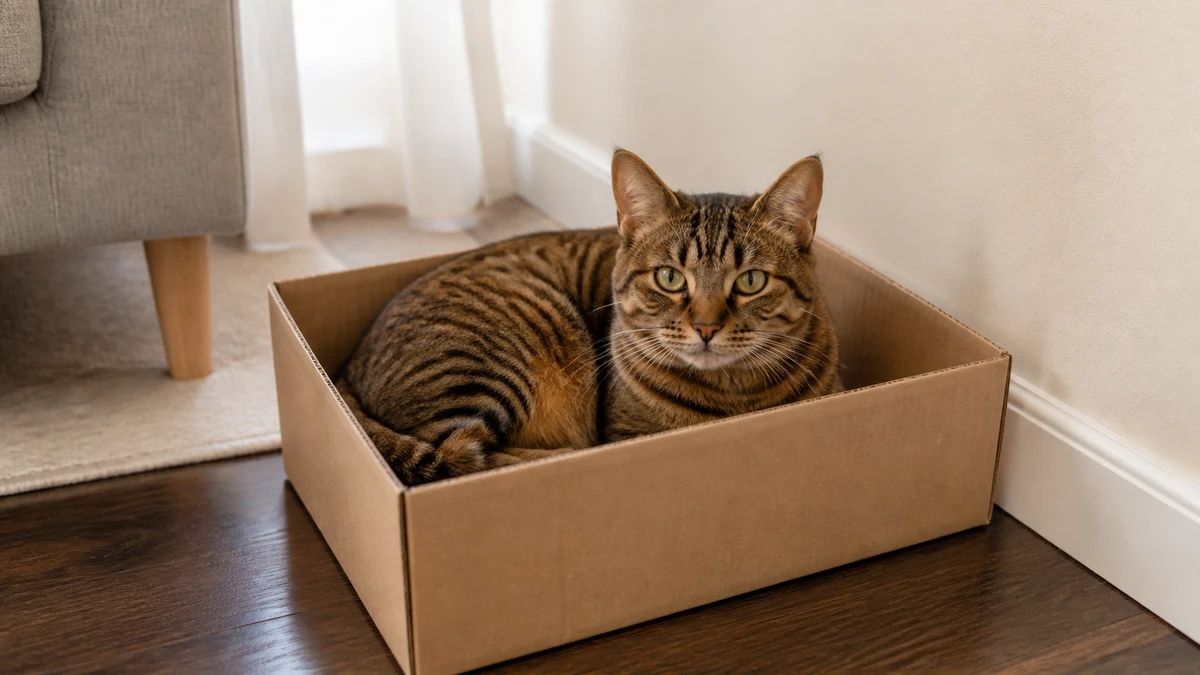 Relaxed brown tabby curled inside a clean open cardboard box in a quiet home corner