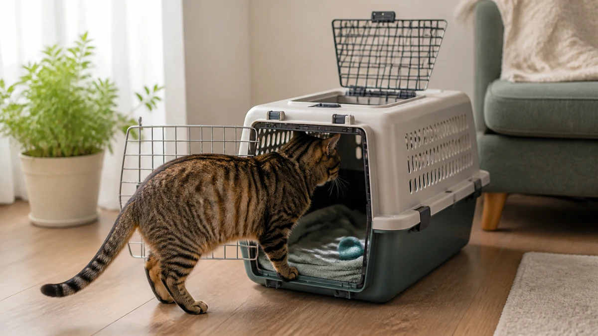 Brown tabby voluntarily investigating an open hard-sided carrier containing a familiar blanket and simple toy