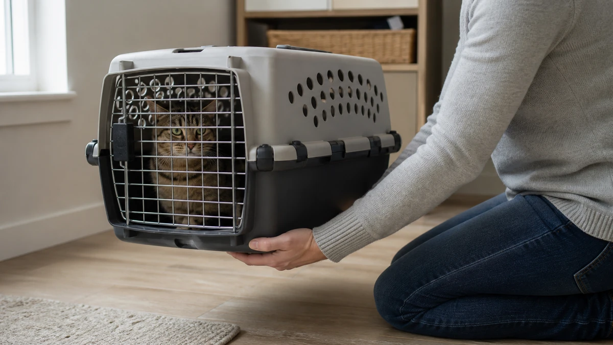 Caregiver lifting a closed carrier only a few centimetres while supporting the level base with both hands and forearms