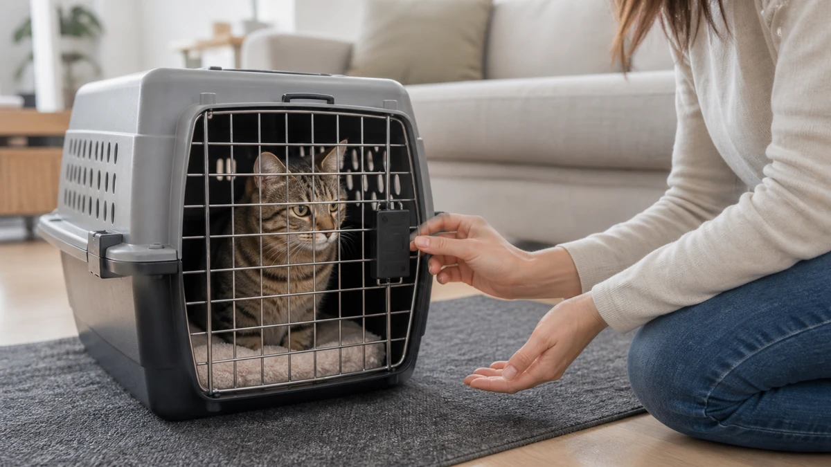 Calm brown tabby inside a closed carrier while a caregiver lightly touches the latch and keeps the other hand open and relaxed