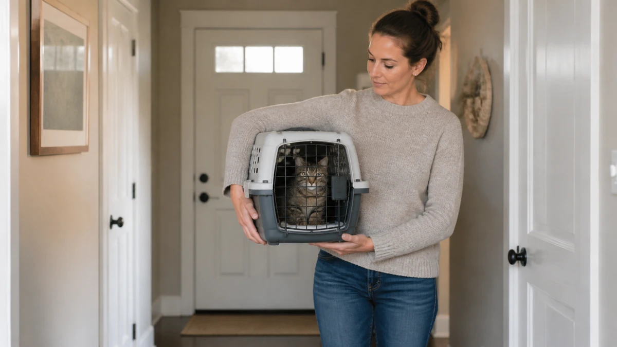 Caregiver taking a short indoor practice walk while cradling the carrier level against the body and supporting its base