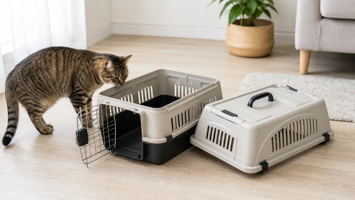 Brown tabby calmly inspecting a ventilated hard-sided carrier with the removable upper half placed beside its stable base