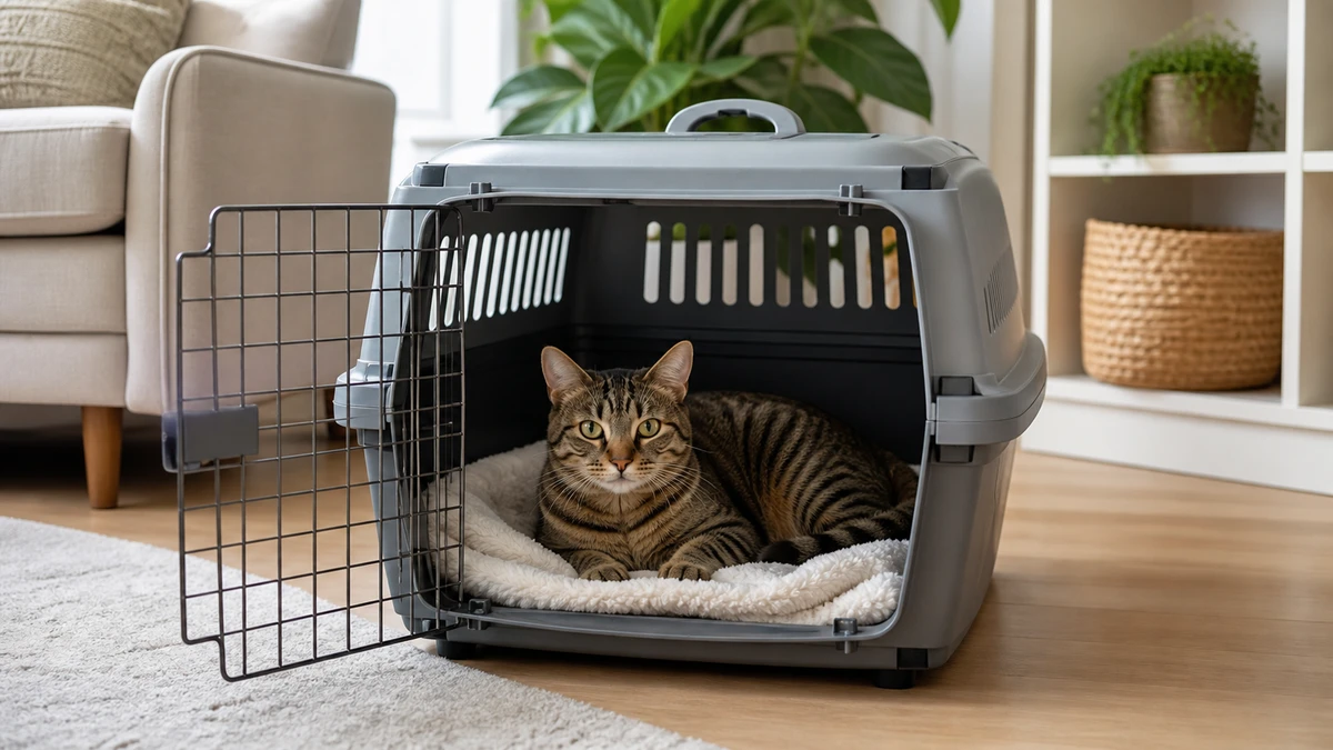 Relaxed brown tabby resting on familiar bedding inside a roomy hard-sided carrier left open in a quiet living room