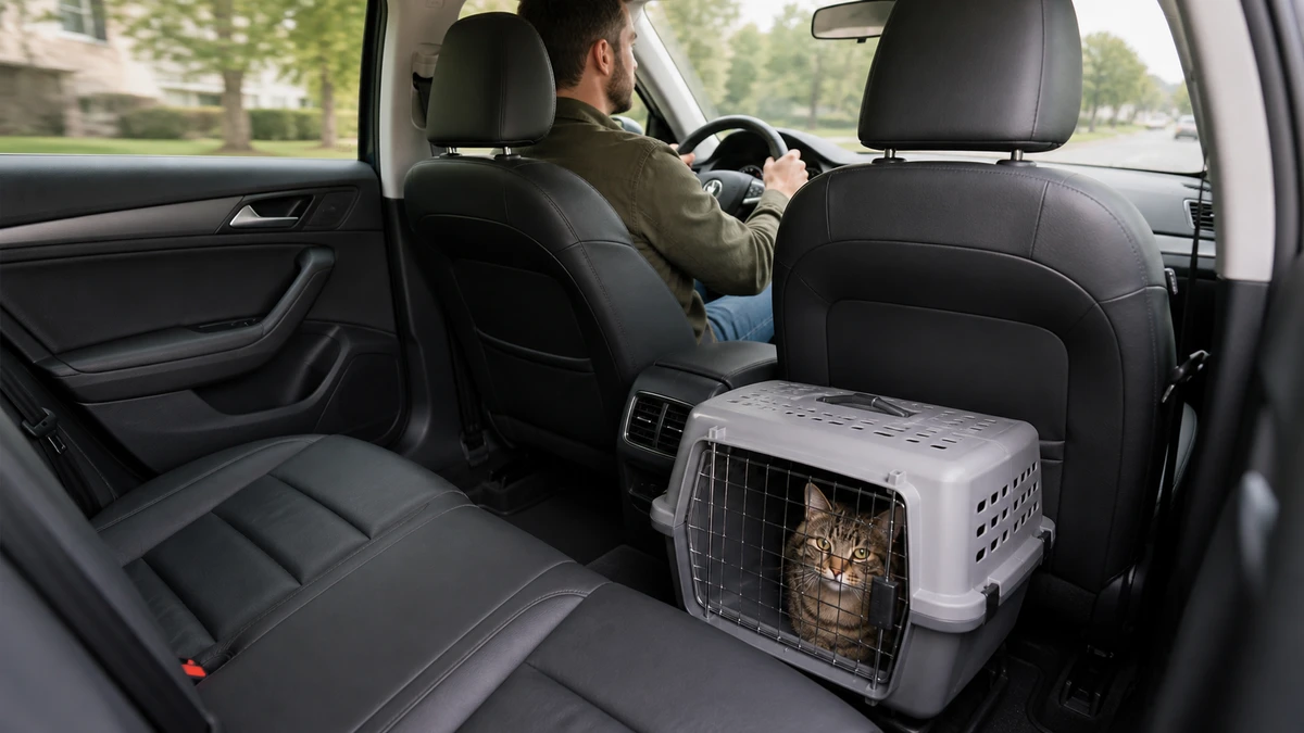 Calm brown tabby enclosed in a stable carrier on the rear footwell while the driver keeps both hands on the wheel during a short smooth practice drive