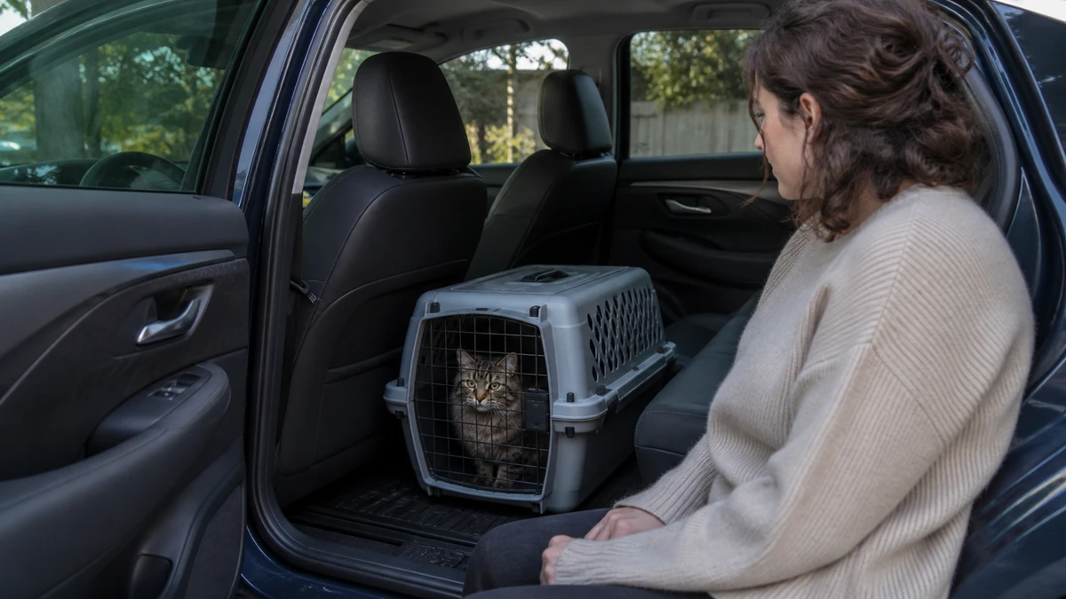 Calm brown tabby enclosed in a carrier placed level on the rear footwell during an engine-off stationary-car practice session