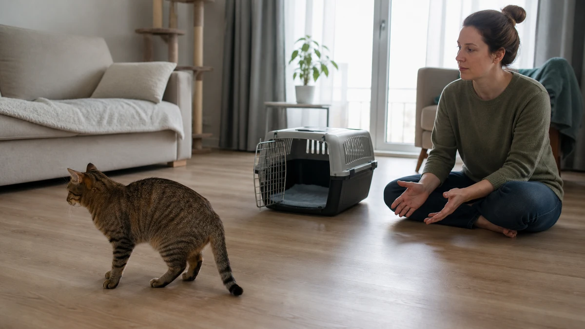Brown tabby walking away from an open carrier while a seated caregiver pauses with lowered open hands and gives the cat space