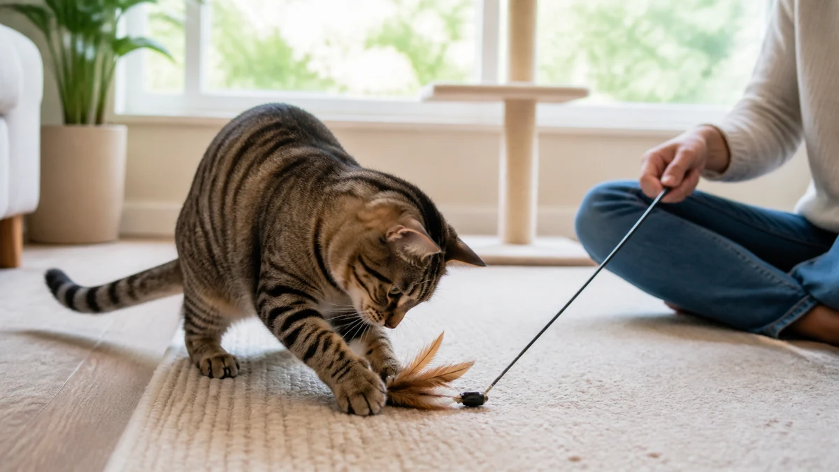 Tabby catching a supervised feather wand toy during an indoor play session