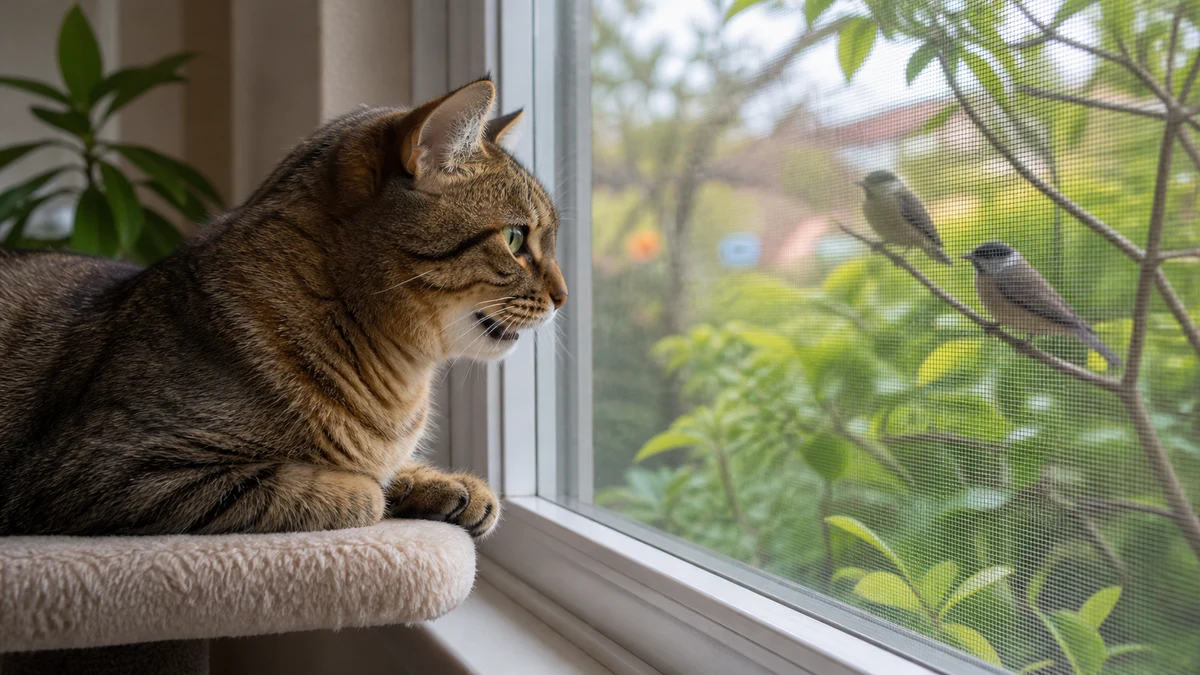 Brown tabby cat chattering while watching two birds through a closed window and secure mesh screen