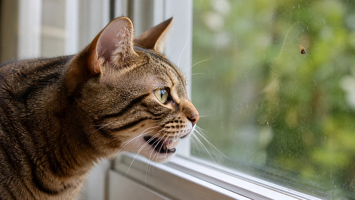 Close side-profile view of a healthy tabby briefly chattering at an insect beyond a closed window
