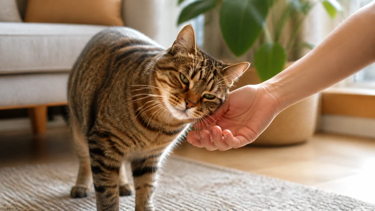 Brown tabby cat voluntarily rubbing its cheek against a caregiver's relaxed still hand