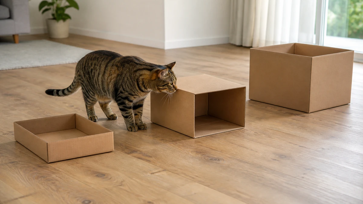 Brown tabby freely inspecting shallow, medium covered, and larger open cardboard box options