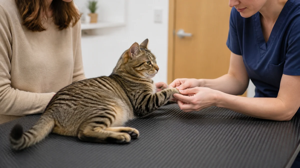 Veterinarian gently inspecting a tabby's paw in a bright clinic while the caregiver watches the demonstration