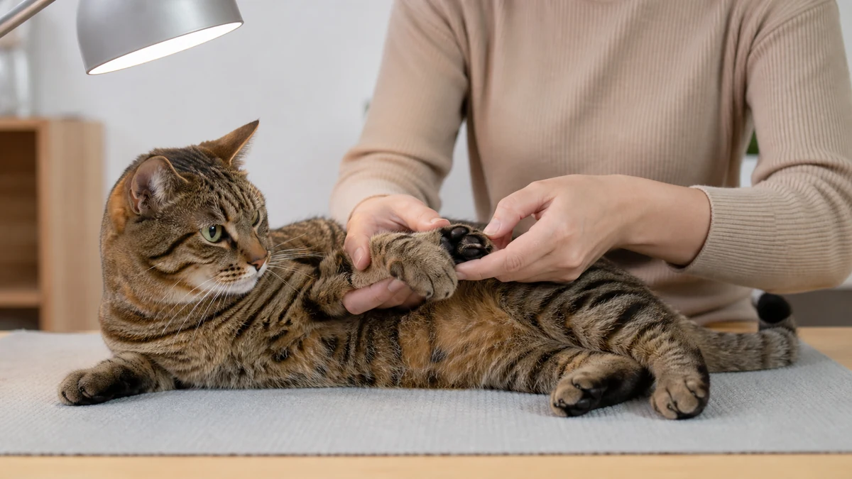 Caregiver inspecting each toe and the inner dewclaw of a relaxed brown tabby under a soft lamp before trimming