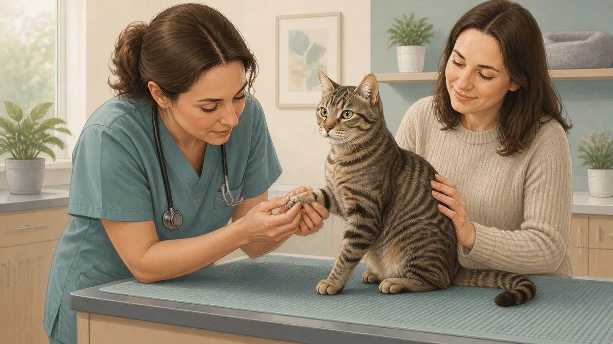 Veterinarian gently examining a tabby cat's front paw while the caregiver offers calm support