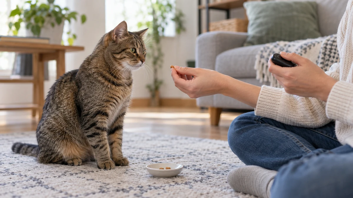 Caregiver holds a clicker close to the body and offers one tiny reward to an attentive brown tabby during a quiet training session