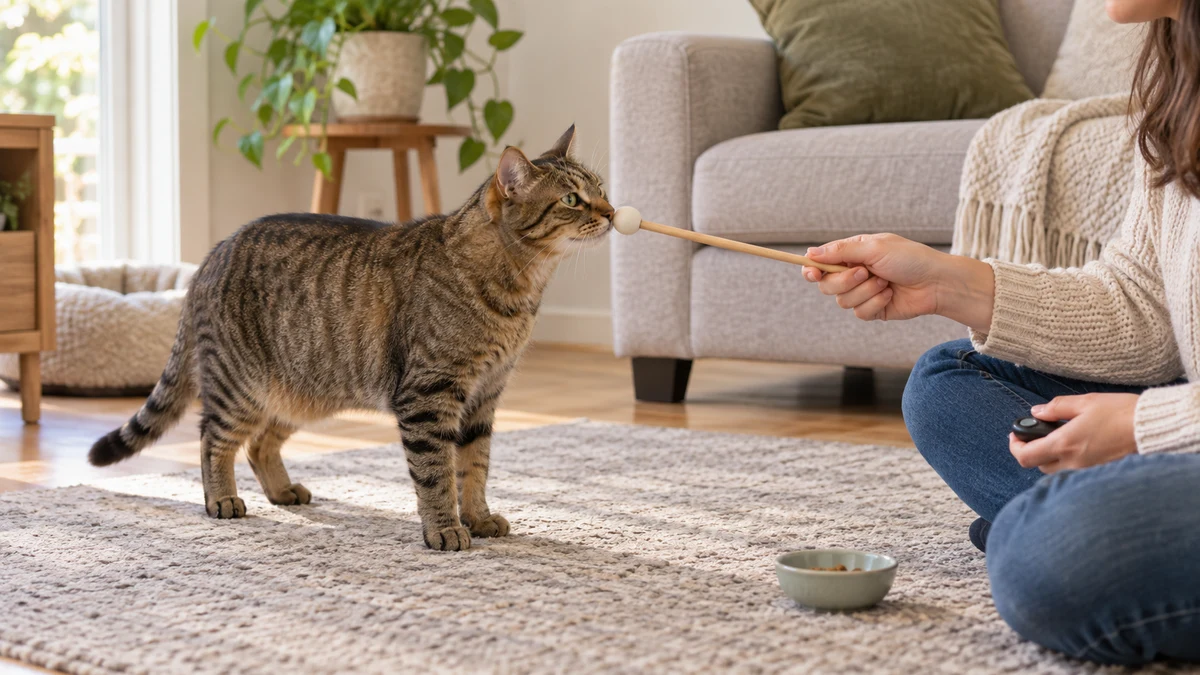 Relaxed brown tabby voluntarily touching a rounded target stick while a seated caregiver holds a clicker at floor level