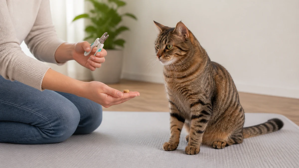 Caregiver pairing the sound of a cat nail clipper held well away from the paws with a small reward